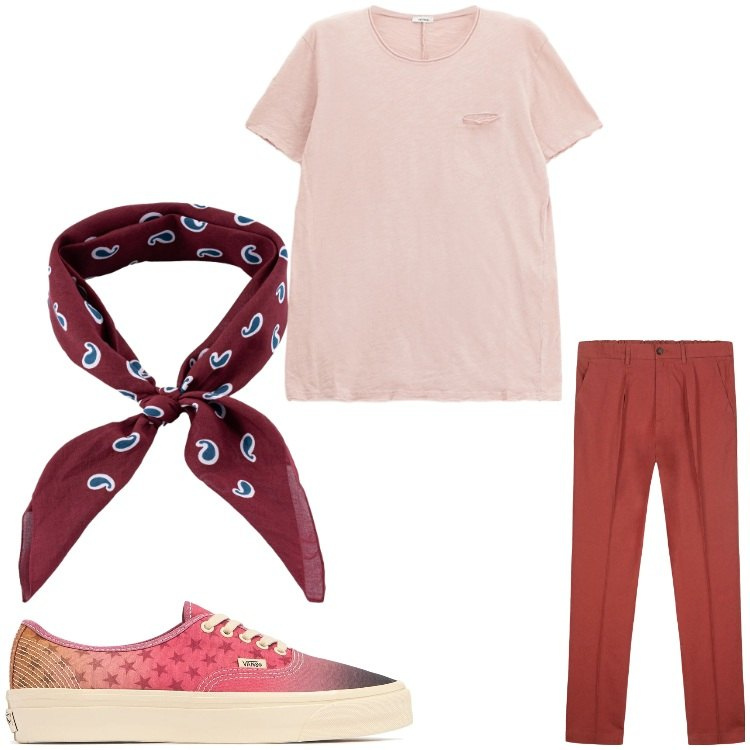 Outfit uomo - Cosî. Stile Casual per Tutti i giorni. Abbinamento con t-shirt, pantaloni, sciarpe e foulard, sneakers.