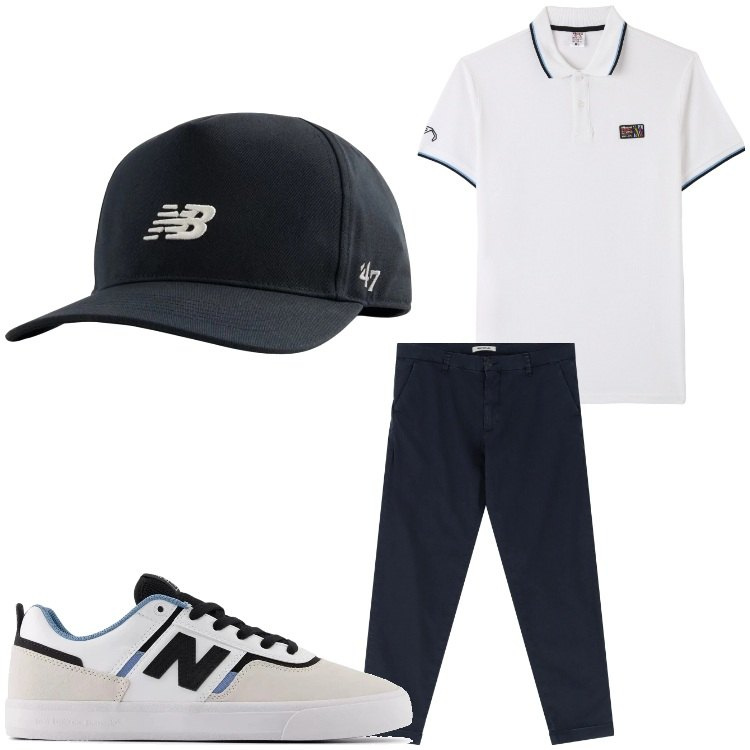 Outfit uomo - Bianco e blu. Stile Casual per Tutti i giorni. Abbinamento con polo, cappelli con visiera, sneakers, pantaloni chino.