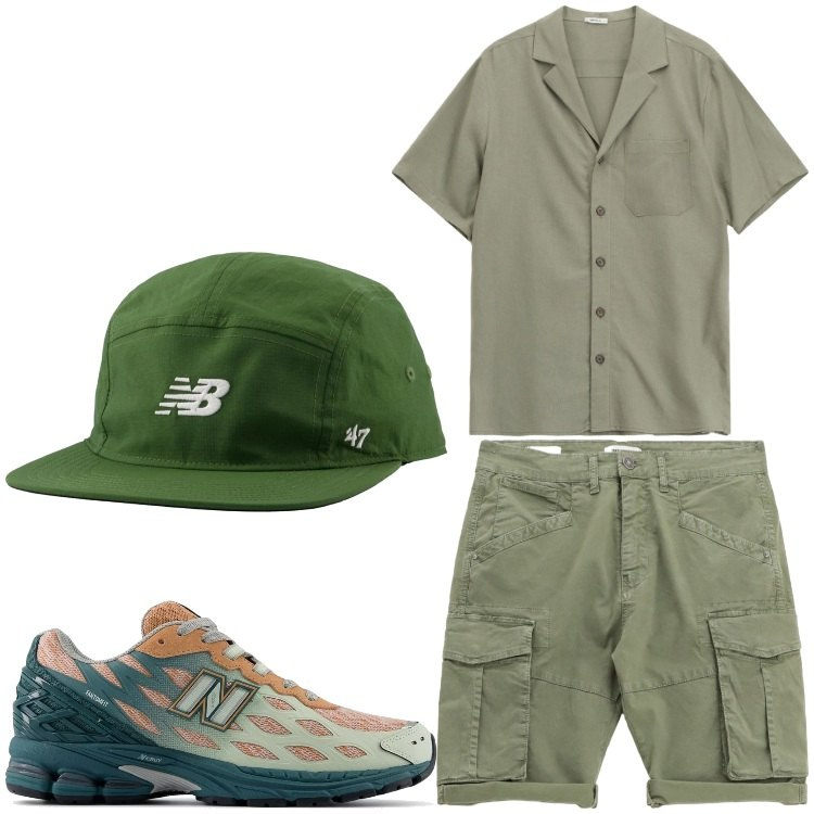 Outfit uomo - verde. Stile Casual per Tutti i giorni. Abbinamento con sneakers, cappelli con visiera, bermuda, camicie a manica corta.
