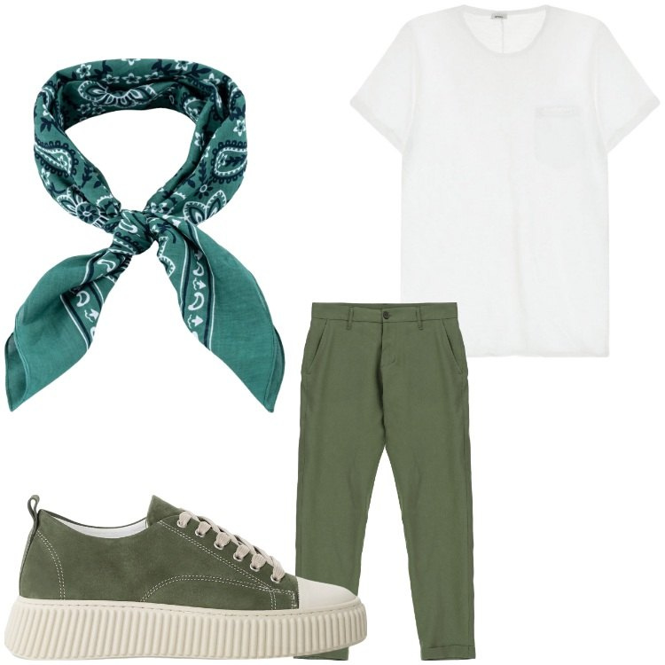 Outfit uomo - Semplice. Stile Casual per Tutti i giorni. Abbinamento con sneakers, t-shirt, pantaloni, sciarpe e foulard.