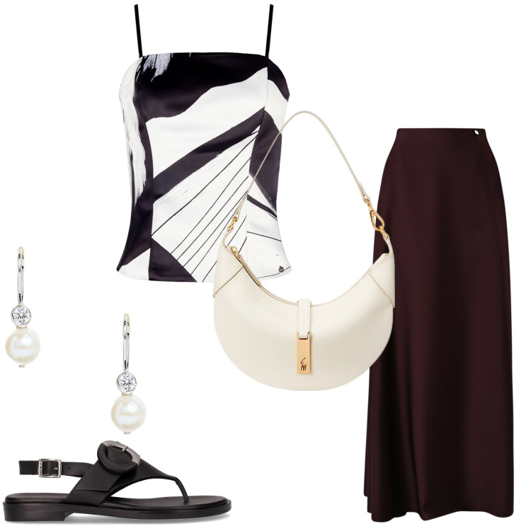 Outfit donna - Summer holiday. Stile Chic per Serata fuori. Abbinamento con canottiere, gonne lunghe, borse a spalla, orecchini, ciabatte.