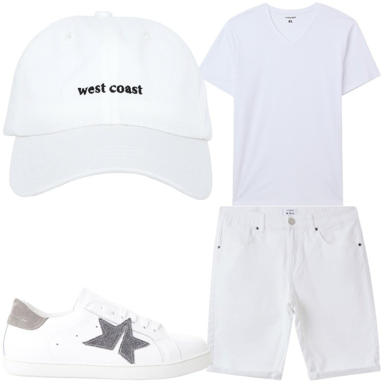 Outfit uomo - Total bianco. Stile Casual per Tutti i giorni. Abbinamento con cappelli, t-shirt, bermuda, sneakers.