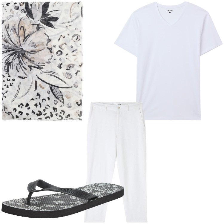 Outfit uomo - Relax. Stile Casual per Tutti i giorni. Abbinamento con pantaloni, sandali, t-shirt, sciarpe e foulard.