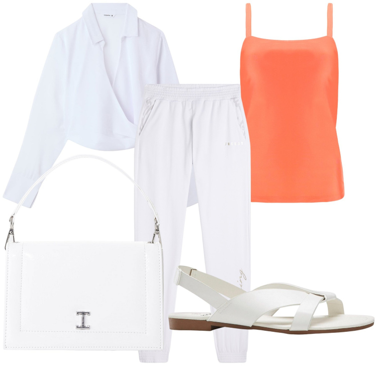 Outfit donna - Ghiacciolo all arancia in città. Stile Urban per Tutti i giorni. Abbinamento con sandali, camicie, borse a tracolla, canottiere, pantaloni.