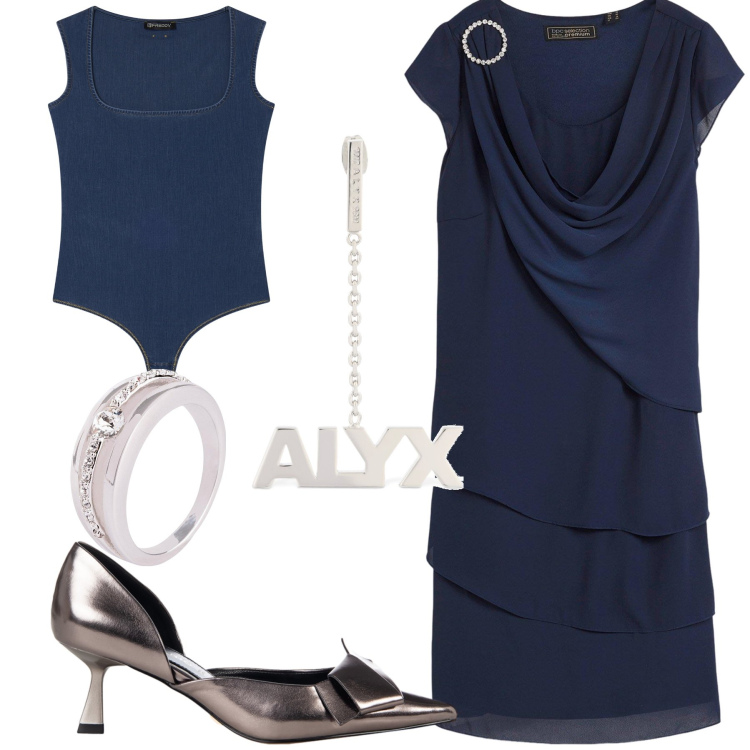 Outfit donna - Blu notte. Stile Bon Ton per Cerimonia. Abbinamento con vestiti corti, anelli, décolleté, body, orecchini.