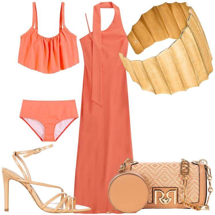 Outfit donna - Total look #2213109. Stile Trendy per Mare. Abbinamento con bikini, sandali col tacco, borse a tracolla, vestiti lunghi, braccialetti.