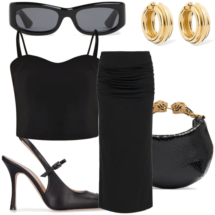 Outfit donna - Un look alla Miranda. Stile Chic per Serata fuori. Abbinamento con top, décolleté, orecchini, gonne lunghe, borse a mano, occhiali da sole.
