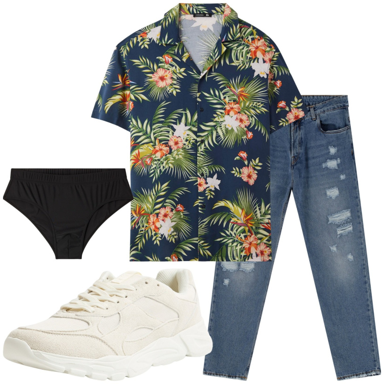 Outfit uomo - Total look #2213116. Stile Casual per Mare. Abbinamento con camicie a manica corta, costumi, sneakers, jeans.