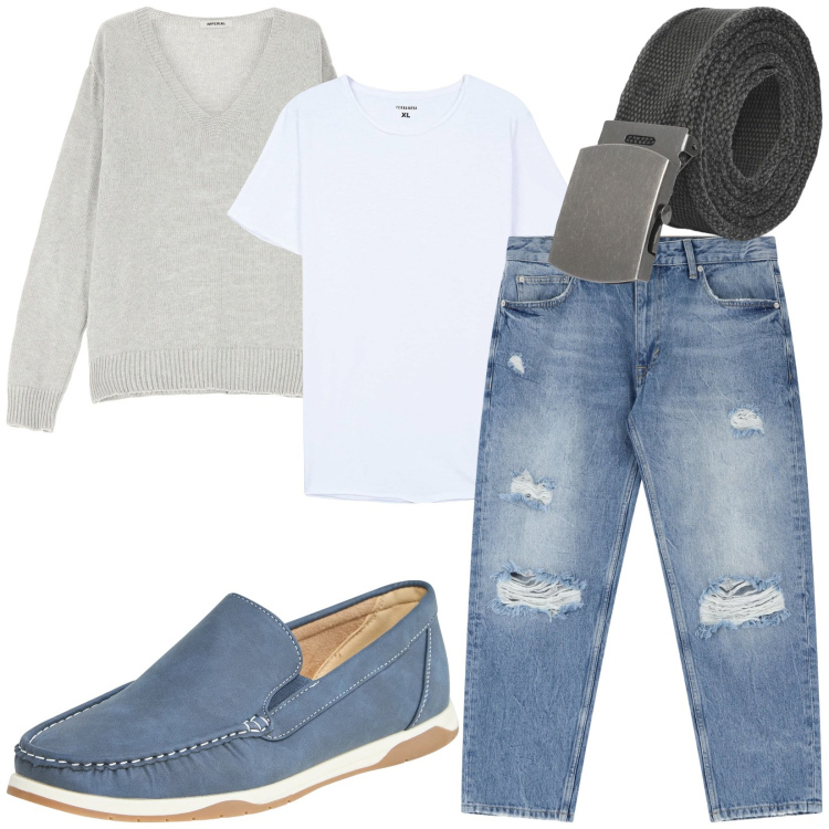 Outfit uomo - Total look #2213119. Stile Casual per Tutti i giorni. Abbinamento con scarpe stringate, t-shirt, cinture, jeans strappati, maglieria.