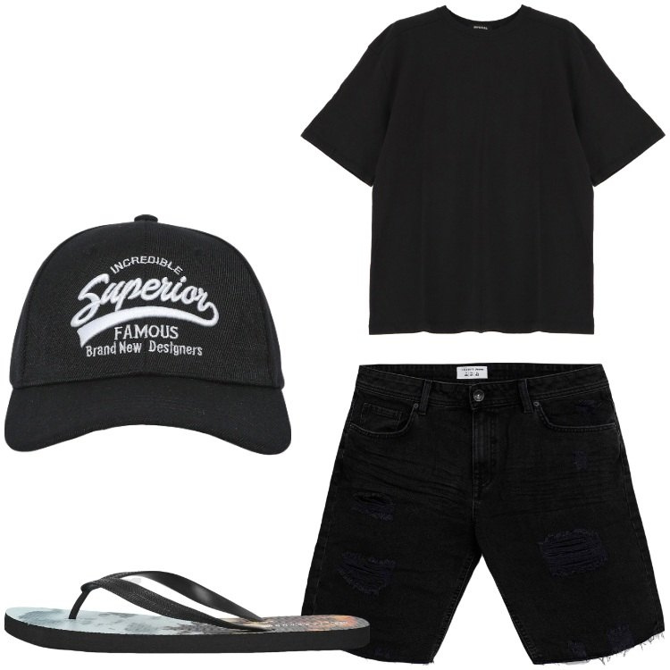 Outfit uomo - Superior. Stile Casual per Tutti i giorni. Abbinamento con cappelli con visiera, bermuda, sandali, t-shirt.