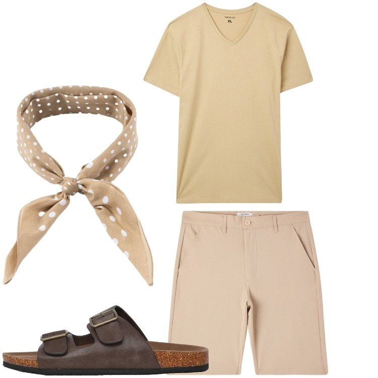 Outfit uomo - Beige. Stile Casual per Tutti i giorni. Abbinamento con t-shirt, pantaloni corti, sandali, sciarpe e foulard.
