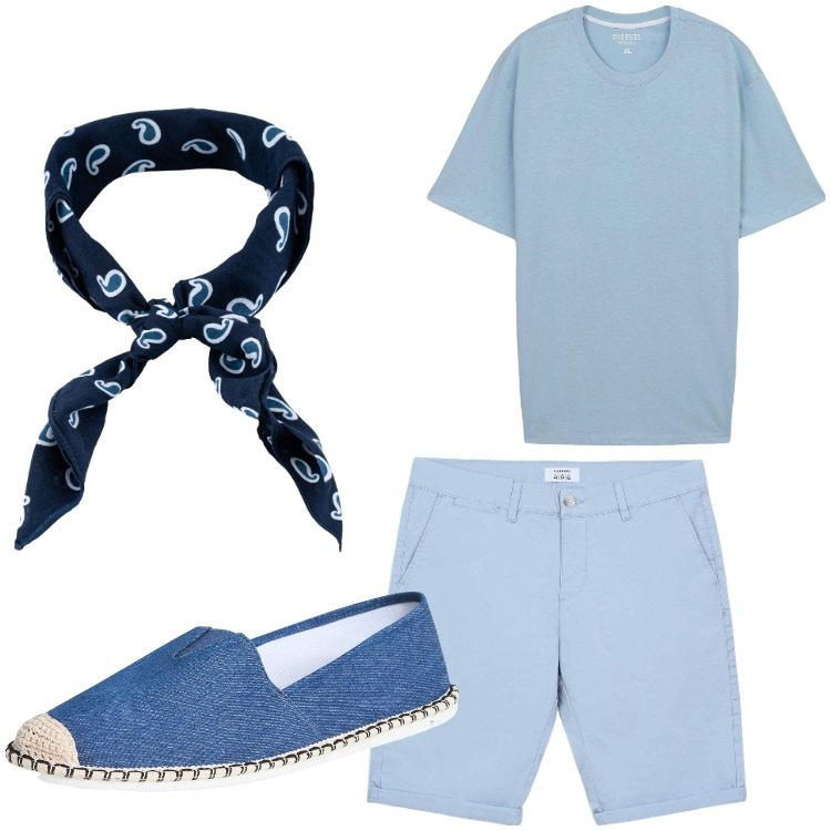 Outfit uomo - Easy. Stile Casual per Tutti i giorni. Abbinamento con bermuda, espadrillas, t-shirt, sciarpe e foulard.