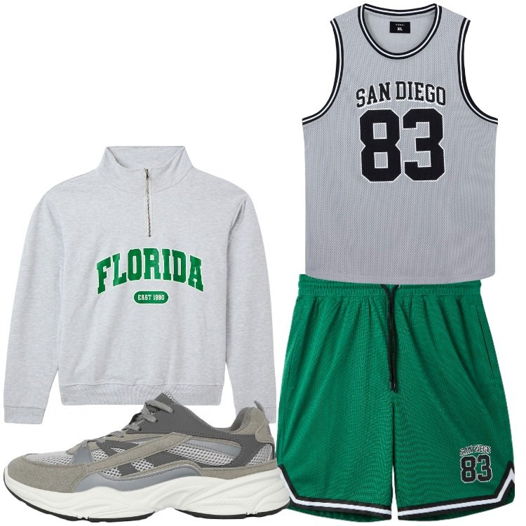 Outfit uomo - Sport. Stile Casual per Sport. Abbinamento con felpe sportive, sneakers, t-shirt sportive, pantaloncini sportivi.