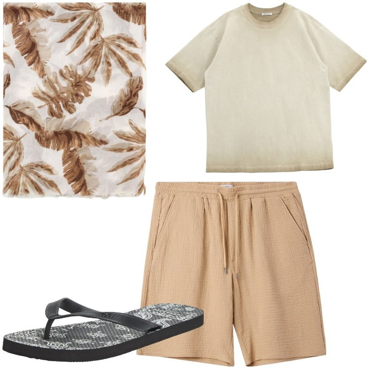 Outfit uomo - Foglie e beige. Stile Casual per Tutti i giorni. Abbinamento con sandali, pantaloni corti, t-shirt, sciarpe e foulard.