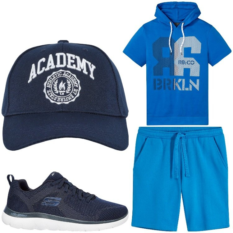 Outfit uomo - Completino sport. Stile Casual per Tutti i giorni. Abbinamento con sneakers, bermuda, t-shirt, cappelli con visiera.