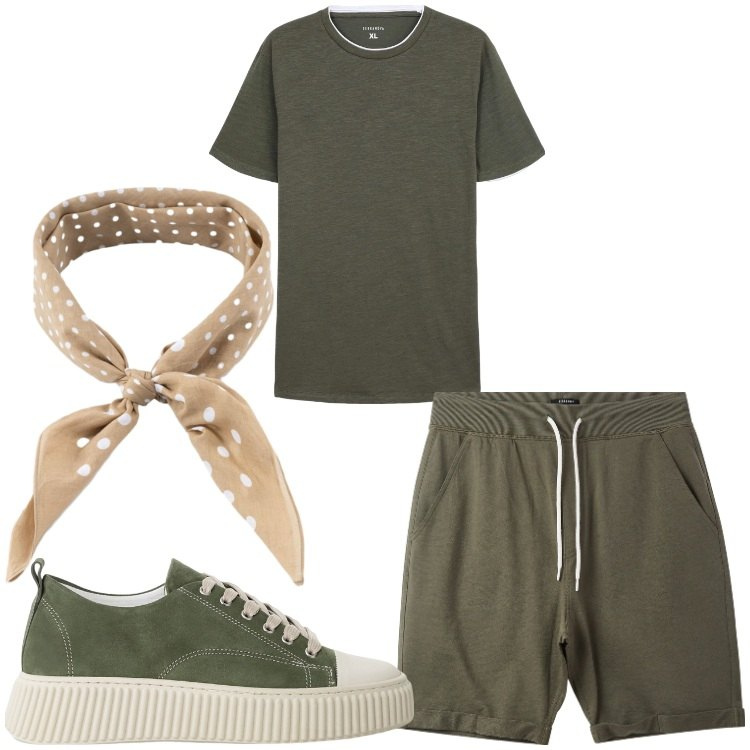 Outfit uomo - Verde oliva casual. Stile Casual per Tutti i giorni. Abbinamento con pantaloni corti, t-shirt, sneakers, sciarpe e foulard.