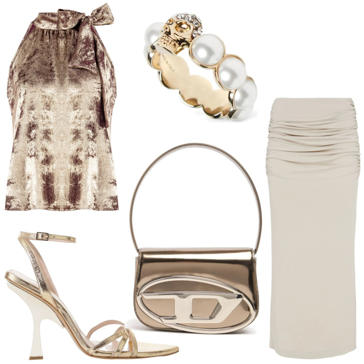 Outfit donna - Risplendi in una serata speciale. Stile Chic per Serata fuori. Abbinamento con top, sandali col tacco, borse a spalla, anelli, gonne lunghe.