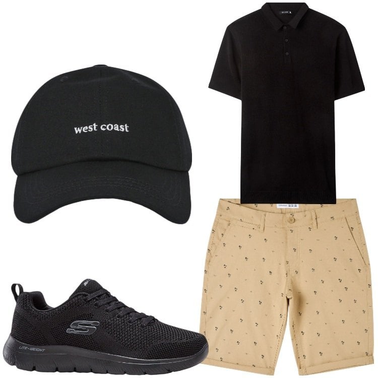 Outfit uomo - Fantasia. Stile Casual per Tutti i giorni. Abbinamento con sneakers, shorts, cappelli con visiera, polo.