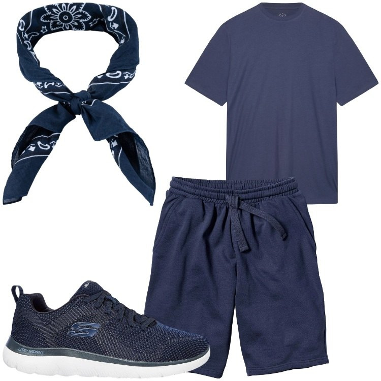 Outfit uomo - Total blue. Stile Casual per Tutti i giorni. Abbinamento con bermuda, sneakers, t-shirt, sciarpe e foulard.