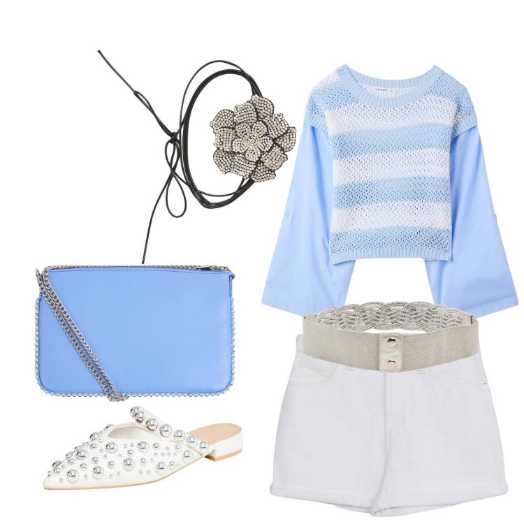 Outfit donna - Serata in shorts. Stile Preppy per Serata fuori. Abbinamento con shorts, maglieria, ballerine, cinture, borse a tracolla, collane.