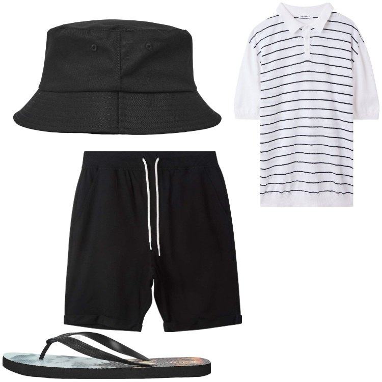 Outfit uomo - Righe. Stile Casual per Tutti i giorni. Abbinamento con cappelli, pantaloni corti, polo, sandali.