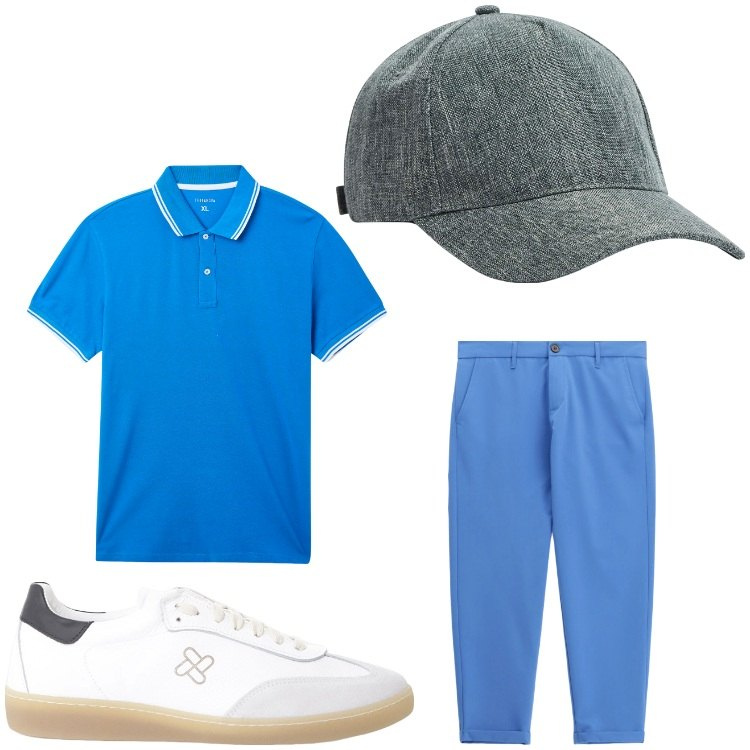 Outfit uomo - Azzurro. Stile Casual per Tutti i giorni. Abbinamento con cappelli, polo, sneakers, pantaloni.