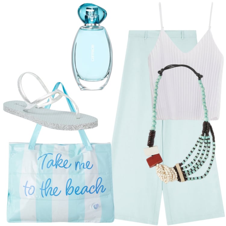 Outfit donna - Portami in spiaggia. Stile Sporty chic per Tutti i giorni. Abbinamento con profumi, sandali, borse tote, pantaloni, top, collane.