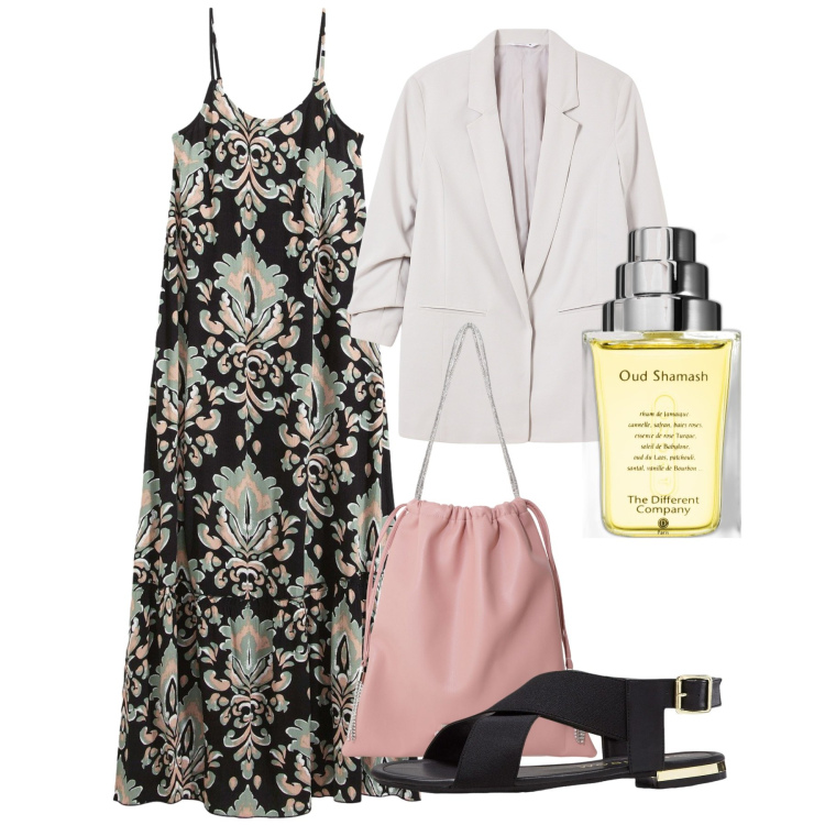 Outfit donna - Lesbos. Stile Chic per Serata fuori. Abbinamento con sandali, vestiti, profumi, blazer, borse a secchiello.