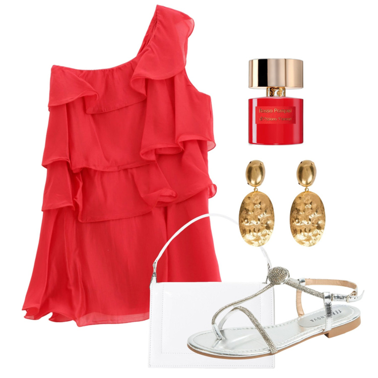 Outfit donna - Samotracia. Stile Chic per Serata fuori. Abbinamento con profumi, ciabatte, vestiti corti, borse a tracolla, orecchini.