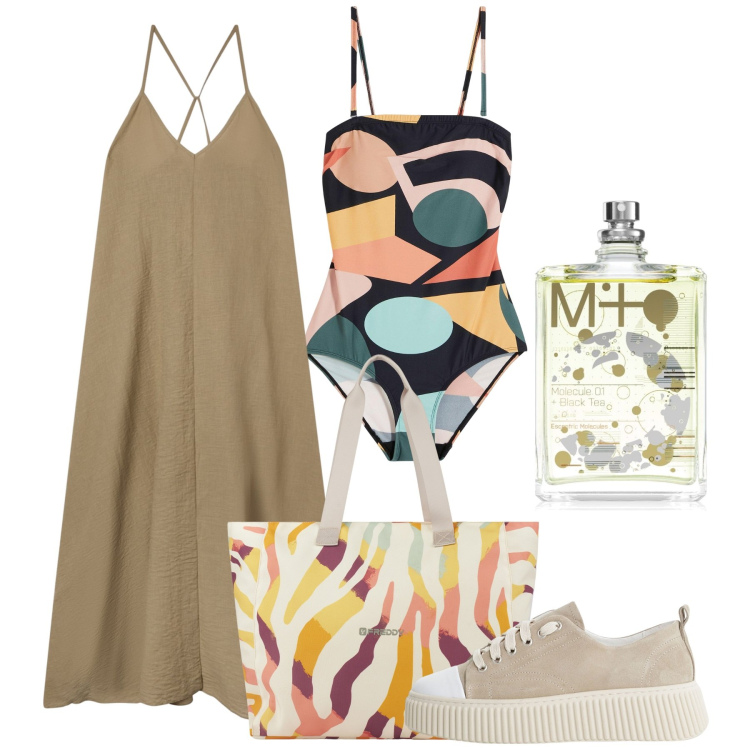 Outfit donna - Agios Efstratios. Stile Casual chic per Tutti i giorni. Abbinamento con costumi interi, profumi, vestiti lunghi, sneakers, shopping bag.