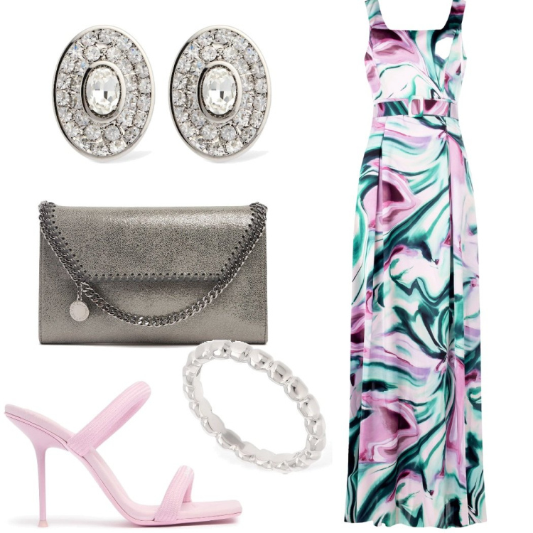 Outfit donna - Cerimonia elegante. Stile Glamour per Cerimonia. Abbinamento con vestiti lunghi, anelli, orecchini, sandali in pelle, pochette.