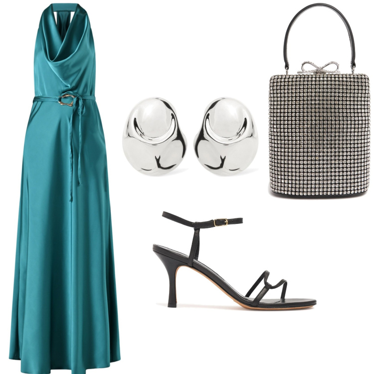 Outfit donna - Elegante. Stile Glamour per Cerimonia. Abbinamento con vestiti lunghi, borse a mano, orecchini, sandali in pelle.
