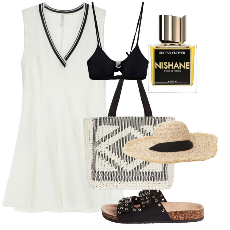Outfit donna - Psarà. Stile Chic per Mare. Abbinamento con profumi, ciabatte, bikini, vestiti corti, cappelli, shopping bag.