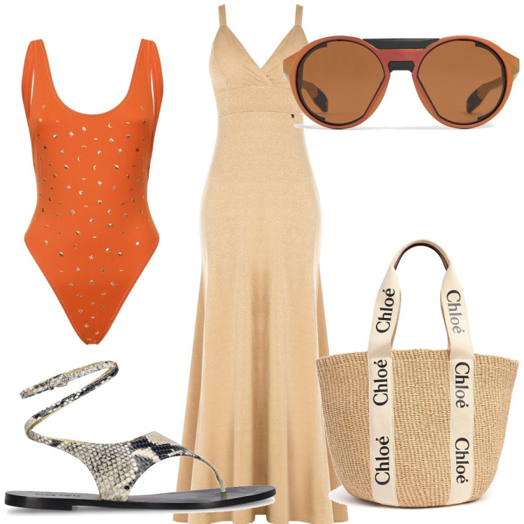 Outfit donna - Total look #2213194. Stile Trendy per Mare. Abbinamento con vestiti lunghi, shopping bag, sandali in pelle, occhiali da sole, costumi interi.