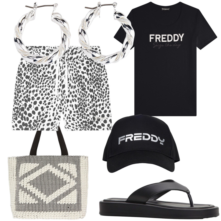 Outfit donna - Total look. Stile Casual per Tutti i giorni. Abbinamento con orecchini, ciabatte, t-shirt, cappelli, pantaloni corti, shopping bag.