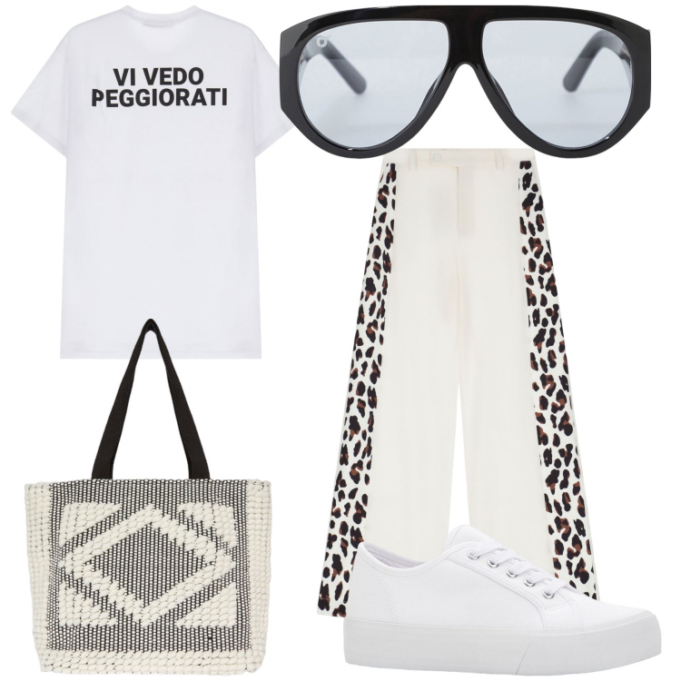 Outfit donna - Sportiva e spiritosa. Stile Casual per Tutti i giorni. Abbinamento con sneakers, t-shirt, pantaloni a palazzo, occhiali da sole, shopping bag.