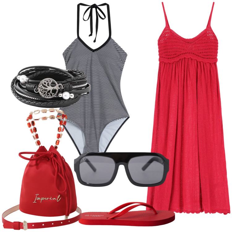 Outfit donna - Giornata da mare. Stile Trendy per Mare. Abbinamento con costumi interi, braccialetti, infradito, vestiti, borse a secchiello, occhiali da sole.