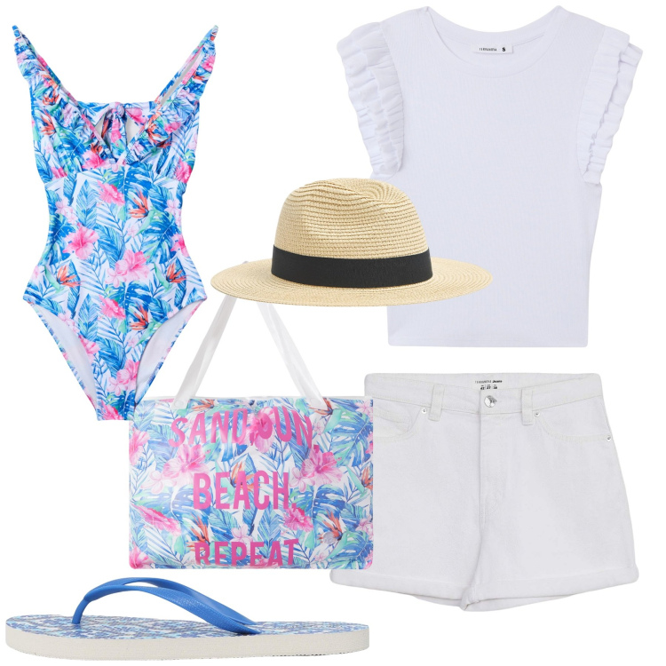Outfit donna - Terranova - vacanze in Riviera. Stile Vintage retrò per Mare. Abbinamento con infradito, borse tote, cappelli, shorts, costumi interi, t-shirt.