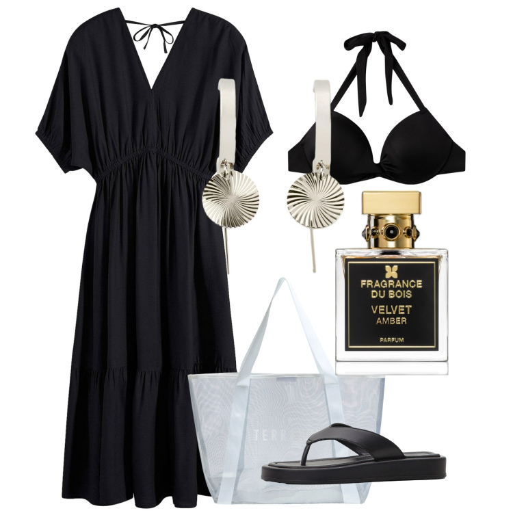 Outfit donna - Ikaria. Stile Chic per Mare. Abbinamento con vestiti midi/longuette, orecchini, ciabatte, profumi, shopping bag, bikini.