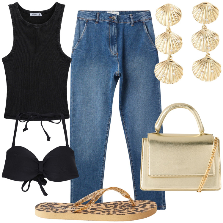 Outfit donna - Terranova beach all day long. Stile Glamour per Mare. Abbinamento con jeans skinny, orecchini, borse a tracolla, infradito, canottiere, bikini.