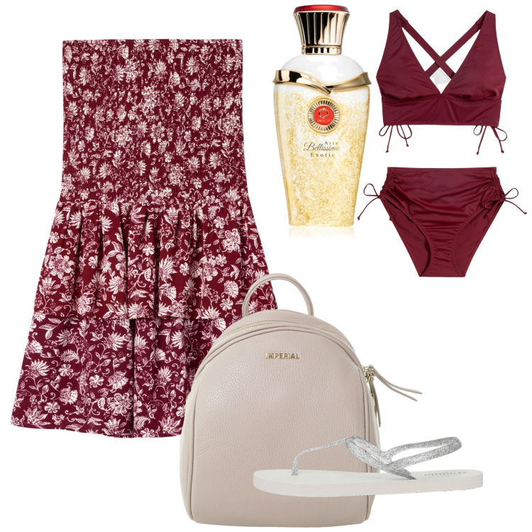Outfit donna - Fourni. Stile Romantica per Mare. Abbinamento con bikini, profumi, vestiti corti, sandali, zaini.