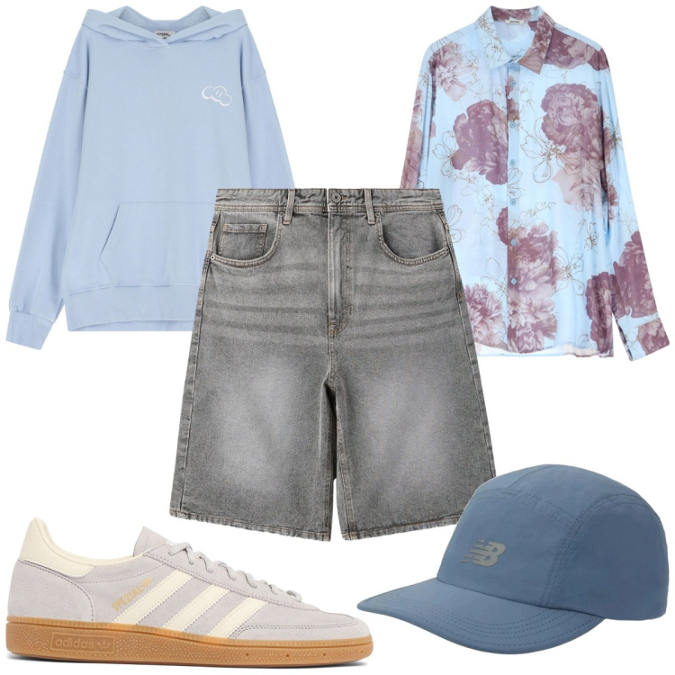 Outfit uomo - Total look #2213217. Stile Casual per Tutti i giorni. Abbinamento con bermuda, cappelli con visiera, camicie, felpe con cappuccio, sneakers.
