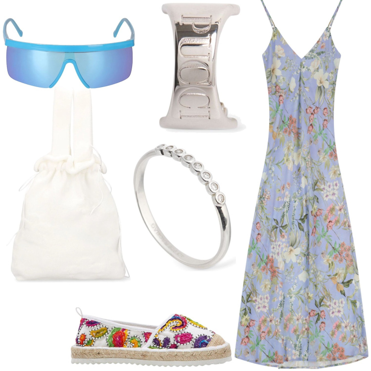 Outfit donna - Oggi sono freschissima. Stile Trendy per Tutti i giorni. Abbinamento con espadrillas, vestiti lunghi, borse a mano, orecchini, anelli, occhiali da sole.