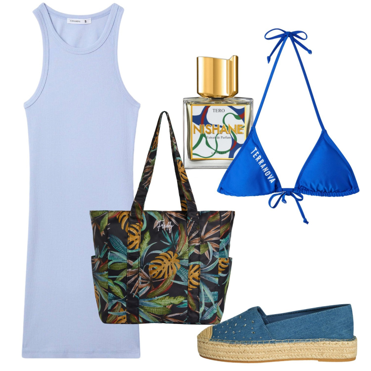 Outfit donna - Samos. Stile Basic per Mare. Abbinamento con profumi, vestiti corti, bikini, espadrillas, shopping bag.