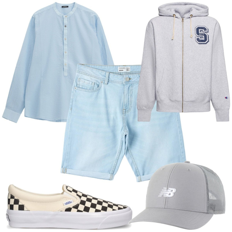 Outfit uomo - Total look #2213222. Stile Trendy per Tutti i giorni. Abbinamento con bermuda, cappelli con visiera, camicie, felpe con cappuccio, sneakers.