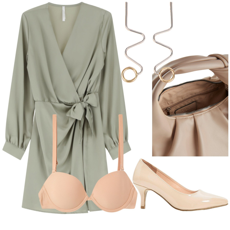 Outfit donna - Cresima in wrap dress. Stile Bon Ton per Cerimonia. Abbinamento con borse a mano, décolleté, reggiseni, vestiti corti, orecchini.
