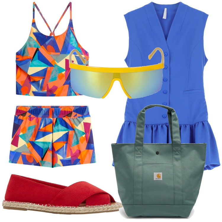 Outfit donna - Arcobaleno all orizzonte. Stile Trendy per Mare. Abbinamento con espadrillas, costumi interi, vestiti corti, occhiali da sole, borse tote.