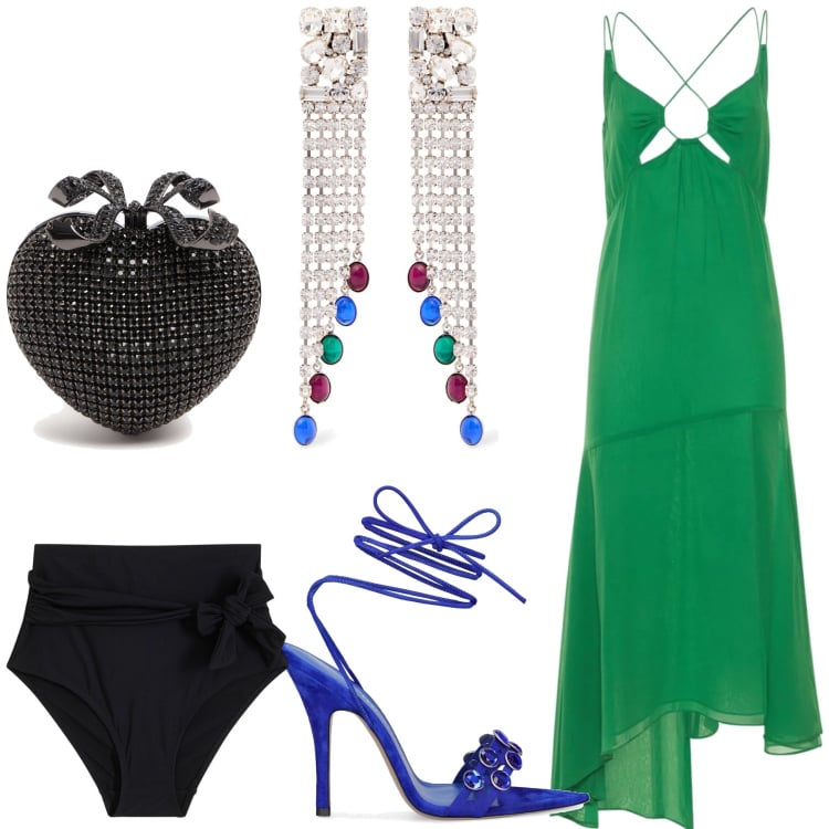 Outfit donna - Pietre preziose. Stile Glamour per Serata fuori. Abbinamento con culotte, vestiti midi/longuette, orecchini, pochette, sandali in pelle.