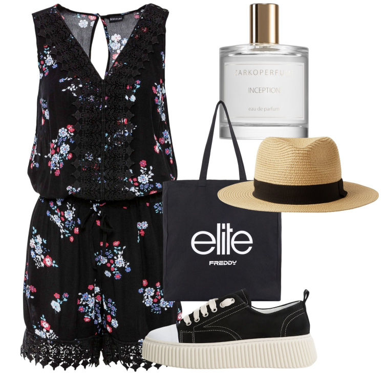 Outfit donna - Oinousses. Stile Casual chic per Tutti i giorni. Abbinamento con tuta corta, profumi, cappelli, sneakers, shopping bag.