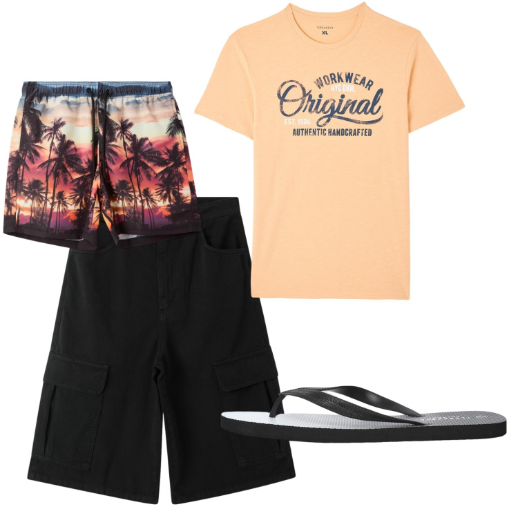 Outfit uomo - Luglio. Stile Casual per Mare. Abbinamento con t-shirt, sandali, costumi, bermuda.